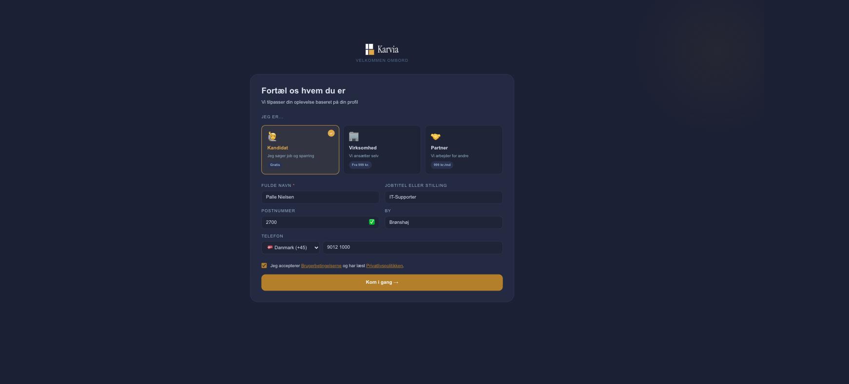 Onboarding: vælg om du er kandidat, virksomhed eller partner.