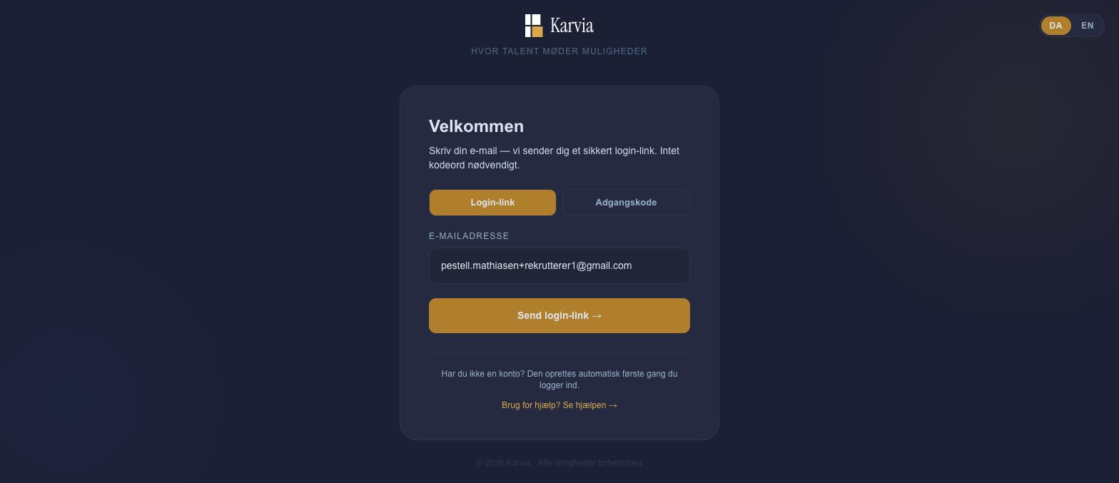 Login-link: indtast din e-mail, så sender Karvia et personligt link.